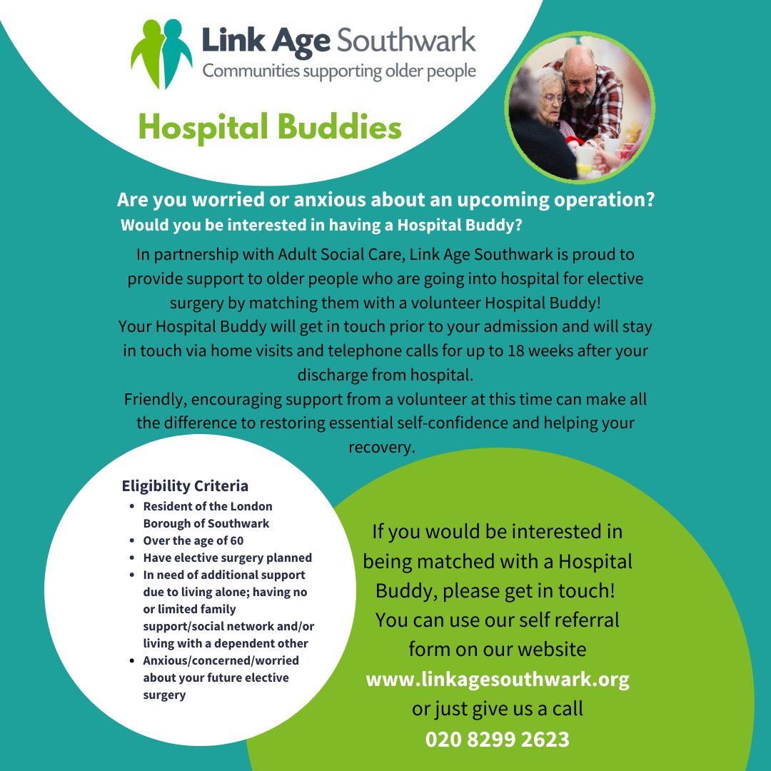 Worried about an upcoming operation? Would you or someone you know like a hospital buddy? @KingsCollegeNHS @GSTTnhs @AgeUKLS @SELondonICS @PartnershipSWK @RedCrossSouth @eastdulwichlife @Time_Talents @BlackfriarsSett @SwarkPensioners @SouthwarkCarers @lb_southwark