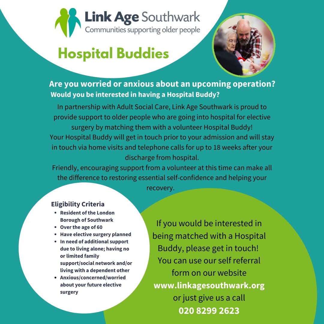 Link Age Southwark (@laswark) on Twitter photo Worried about an upcoming operation?
Would you or someone you know like a hospital buddy?
<a href="/KingsCollegeNHS/">King's College NHS</a>
<a href="/GSTTnhs/">Guy's and St Thomas'</a>
<a href="/AgeUKLS/">Age UK Lewisham & Southwark</a>
<a href="/SELondonICS/">South East London ICS</a>
<a href="/PartnershipSWK/">Partnership Southwark</a>
<a href="/RedCrossSouth/">Red Cross South</a>
<a href="/eastdulwichlife/">East Dulwich Life</a>
<a href="/Time_Talents/">Time & Talents</a>
<a href="/BlackfriarsSett/">Blackfriars Settlement</a>
<a href="/SwarkPensioners/">Southwark Pensioners</a>
<a href="/SouthwarkCarers/">Southwark Carers</a>
<a href="/lb_southwark/">Southwark Council</a> Worried about an upcoming operation?
Would you or someone you know like a hospital buddy?
<a href="/KingsCollegeNHS/">King's College NHS</a>
<a href="/GSTTnhs/">Guy's and St Thomas'</a>
<a href="/AgeUKLS/">Age UK Lewisham & Southwark</a>
<a href="/SELondonICS/">South East London ICS</a>
<a href="/PartnershipSWK/">Partnership Southwark</a>
<a href="/RedCrossSouth/">Red Cross South</a>
<a href="/eastdulwichlife/">East Dulwich Life</a>
<a href="/Time_Talents/">Time & Talents</a>
<a href="/BlackfriarsSett/">Blackfriars Settlement</a>
<a href="/SwarkPensioners/">Southwark Pensioners</a>
<a href="/SouthwarkCarers/">Southwark Carers</a>
<a href="/lb_southwark/">Southwark Council</a>