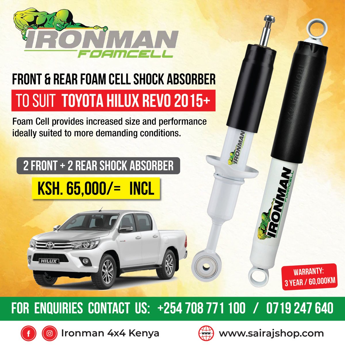 SaiRajLimited's tweet image. TOYOTA HILUX REVO 2015+ FRONT &amp;amp; REAR SHOCK ABSORBER - FOAM CELL

Foam Cell provides increased size and performance ideally suited to more demanding conditions

Call us: 0708 771 100

#InternationalDayOfPeace #mainaandkingangi#UshuruWaUchungu #Newsnight #FkfTransitionCommittee