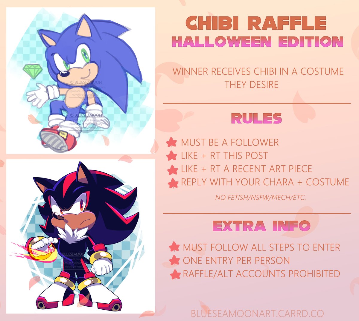 🍁 CHIBI HALLOWEEN RAFFLE 🍁

the spooky season is upon us, so why not celebrate with another chibi style raffle? all rules/steps are in the image (follow them all, and do not unfollow afterwards)!

good luck to all! if you have questions, just ask

ENDS: 10/01/2022 12 am EST