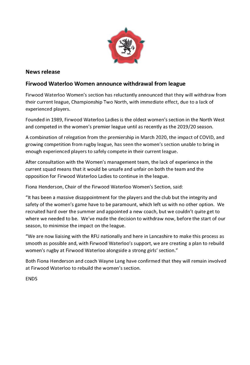 WaterlooLadies's tweet image. Devastated to share that we will not be competing in the League this year
Multiple factors combined to mean it would not be safe or fair to our squad or opposition, so we are withdrawing now to rebuild safely
Fiona &amp;amp; Wayne are spearheading the rebuild - watch this space for news