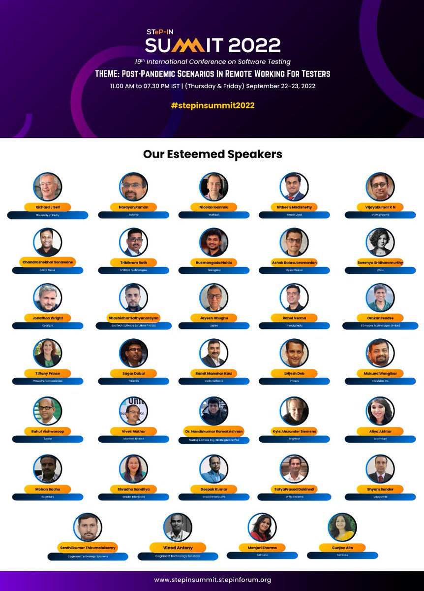#STEPINSUMMIT2022 - Presenting our Speakers line up at #Summit22

Richard Self | <a href="/narayanraman/">Narayan Raman</a> | Nicolas Ioannou | Nithin Madishetty | Ashok Balasubramanian | Shashidhar S | Sowmya Sridharamurthy | Jayesh Ghughu | <a href="/rahul_verma/">Rahul Verma</a> | Omkar Pendse | Senthilkumar Thirumalaisamy