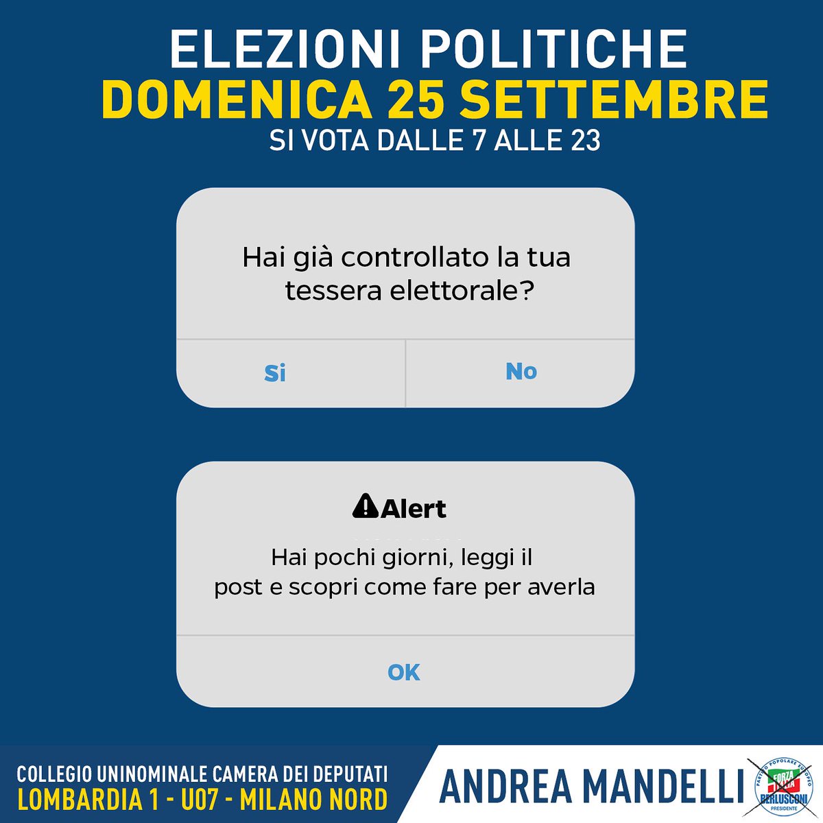 mandelli_andrea's tweet photo. Hai già controllato la tua #tesseraelettorale? In caso di esaurimento di spazi, smarrimento, trasferimento da altro comune o cambio di indirizzo, rivolgiti all’ufficio elettorale o nelle sedi anagrafiche. Non è previsto il rilascio nella sede del seggio. #25settembre https://t.co/Xd8jfCqsiu
