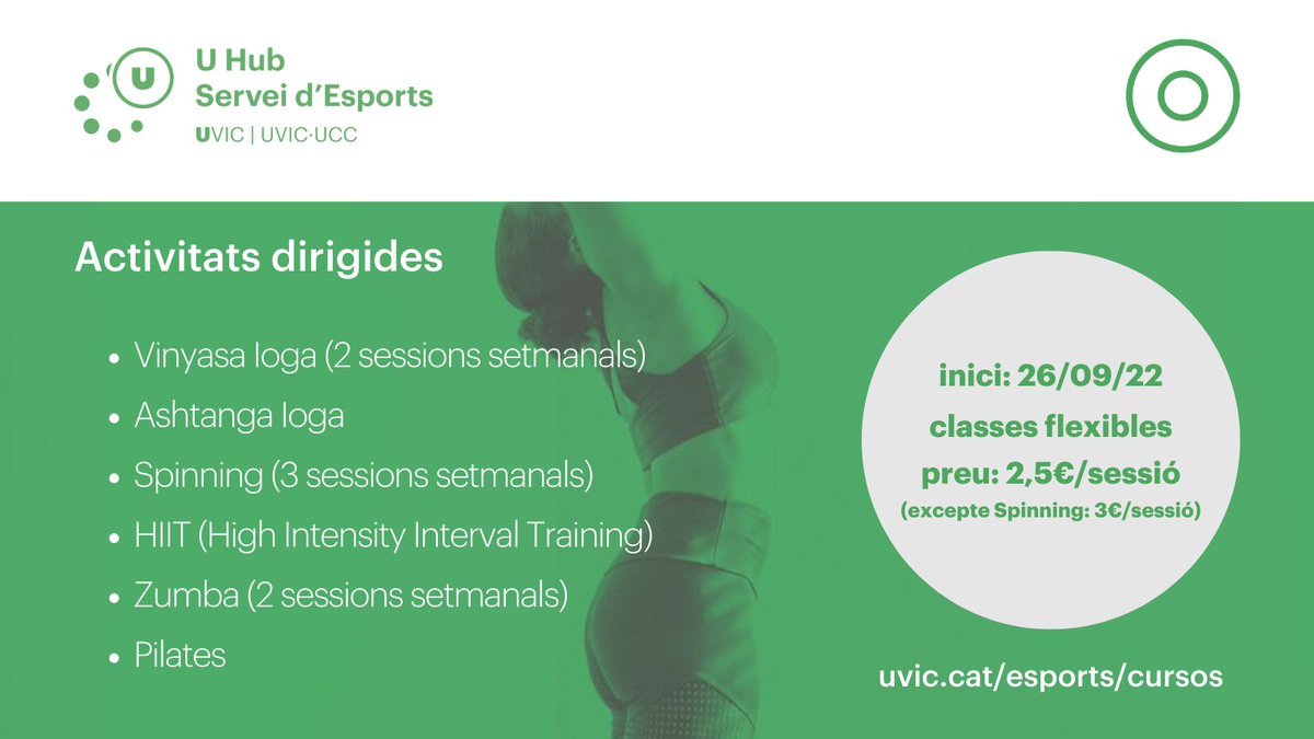 ❗️El 26/09 comencen les activitats dirigides esportives!! Pilates, Spinning, Zumba, Ioga.. no t'ho perdis! 📝uvic.cat/esports/cursos @u_medicina @UVicLife @uvic_ucc @uvic_sostenible @UVic_FEC @UVic_FCTE @UVic_FCSB @UVic_FETEP @estudiants_uvic @GarrinsGarrines @UVic_CRED