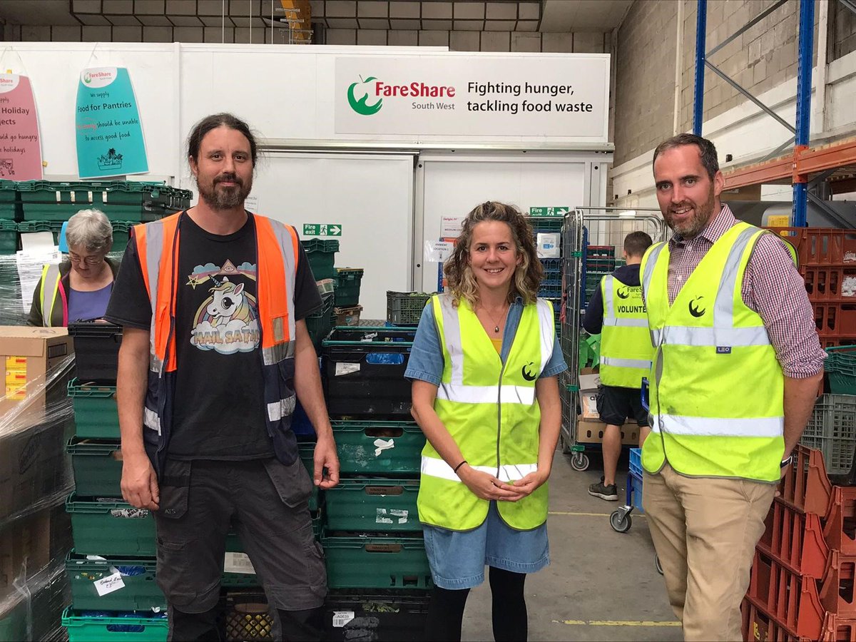 CIPR_SW's tweet photo. Touring one of its distribution centres we're in awe of the amazing work our nominated #charity @FareShareSW does to ease the food crisis. 
Support them &amp; combat #food poverty; make a donation/give food/volunteer: https://t.co/sYPRmXZrsR
L-R Angus Eyres Sophie Coles Andrew Taylor https://t.co/cxSoKTZls7
