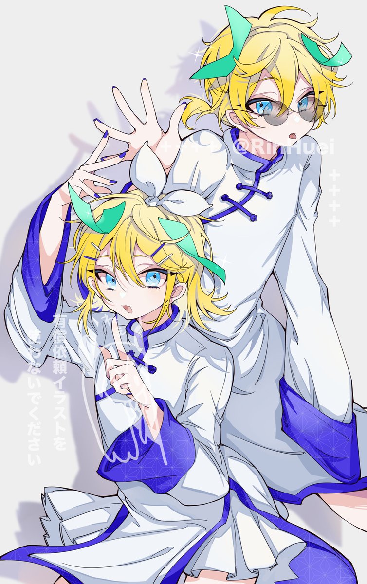 kagamine len ,kagamine rin 1girl 1boy blonde hair blue eyes hairclip tongue hair ornament  illustration images