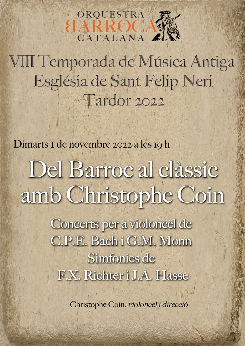 obarroca's tweet photo. El primer concert de la VIII Temporada de Música Antiga tindrà lloc l'1 de novembre i comptarem amb la presència de #ChristopheCoin, un dels violoncel·listes més complets del món i un profund coneixedor del repertori de principis del segle XVII fins a finals del segle XIX 🔝 🎻👏🏽 https://t.co/jprB54ATfN