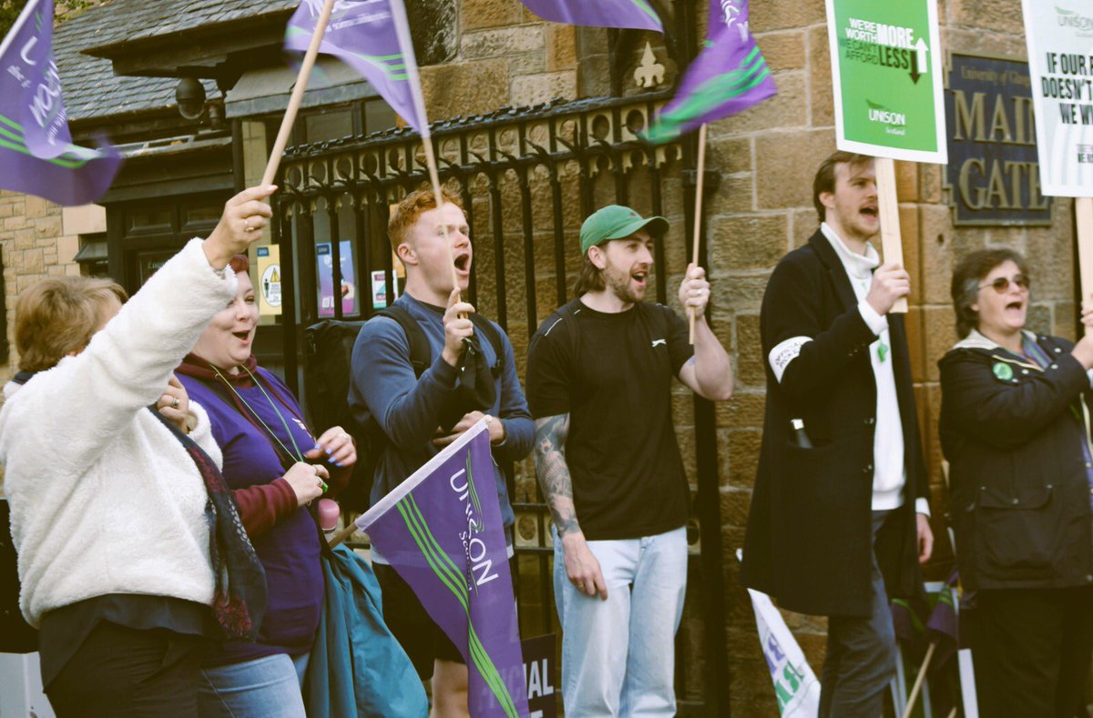 sukisangh's tweet photo. Powerful display of strength &amp; solidarity at the @UNISON_UofG picket lines this morning. This is a university that sits on millions of pounds but is refusing to pay its lowest paid workers a decent pay rise. Workers are rising across our city &amp; @GlasgowStrike stands with them. ✊🏾 https://t.co/Za7MPHCidh