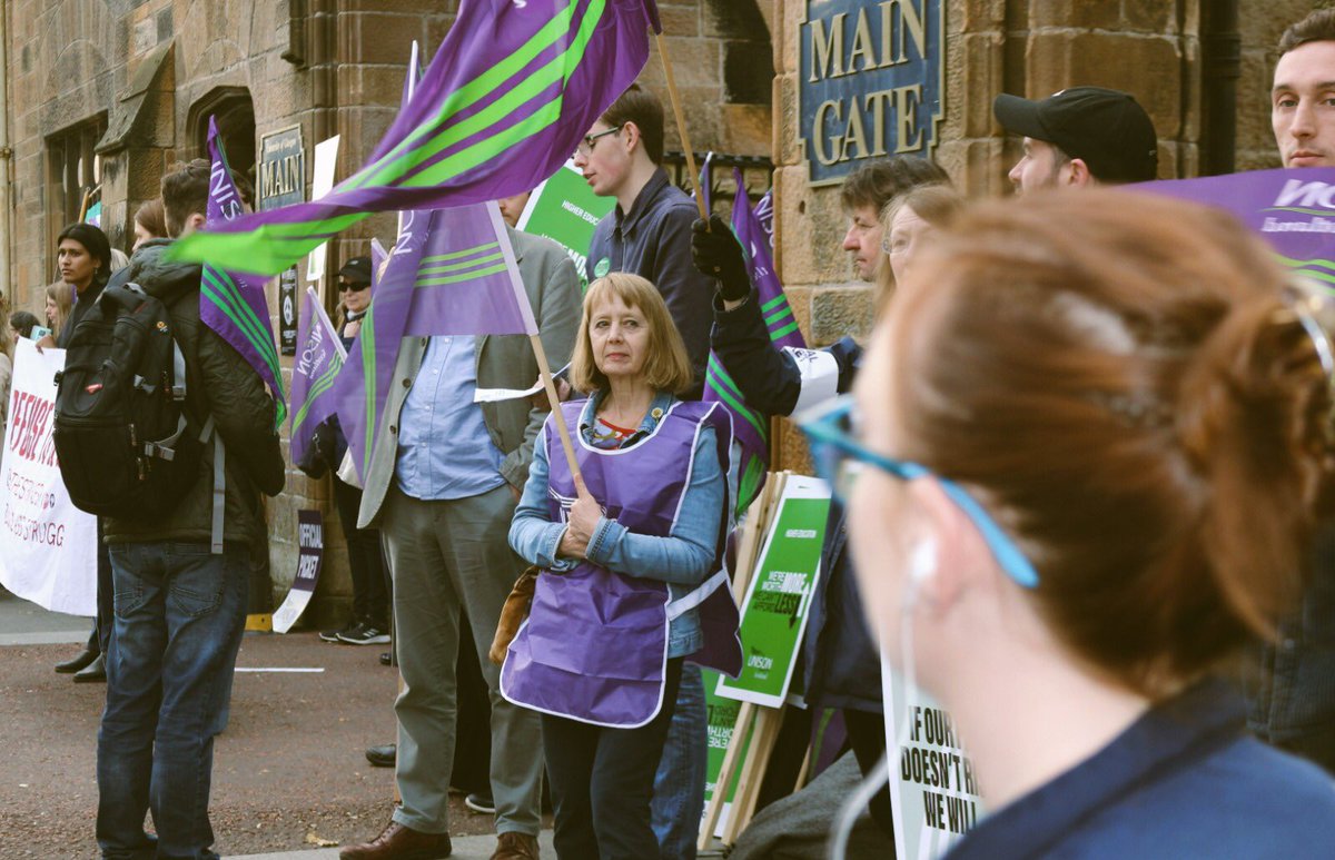 sukisangh's tweet photo. Powerful display of strength &amp; solidarity at the @UNISON_UofG picket lines this morning. This is a university that sits on millions of pounds but is refusing to pay its lowest paid workers a decent pay rise. Workers are rising across our city &amp; @GlasgowStrike stands with them. ✊🏾 https://t.co/Za7MPHCidh
