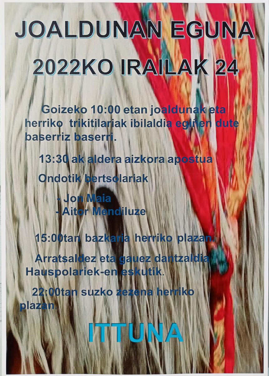 trnavarra's tweet photo. Día de los «Joaldunak» - Joaldunen Eguna
24 de septiembre – irailak 24
📍Ituren

✨Este sábado retumbarán los cencerros de este personaje del carnaval rural de Ituren.
Larunbat honetan Iturengo inauterietako pertsonaia honen zintzarriak entzungo dira. 
https://t.co/KDCNe0mj8f https://t.co/C47XwS7RVJ