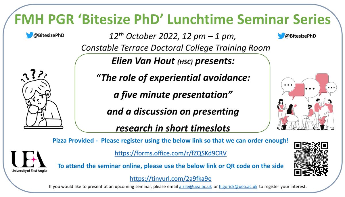 The FMH October Bitesize is Elien Van Hout talking about the role of experiential avoidance, and discussing presenting research in a short timeslot. Information about attending in the attached picture. #FMH #Bitesize @UEA_Health @UeaMed