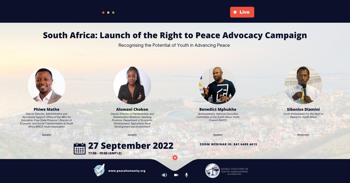 p_peacehumanity's tweet photo. Join us on 27 September 17:00 CET for the launch of the right to #peace #advocacy campaign in #SouthAfrica 🇿🇦. 

📌Link to join the event: https://t.co/Dm0efEmcPU

📌Learn more about our global advocacy programme: https://t.co/vwomJ690Nw 

#GCYAfortheRighttoPeace ​#StandUp4Peace https://t.co/Ai2SRGidFf