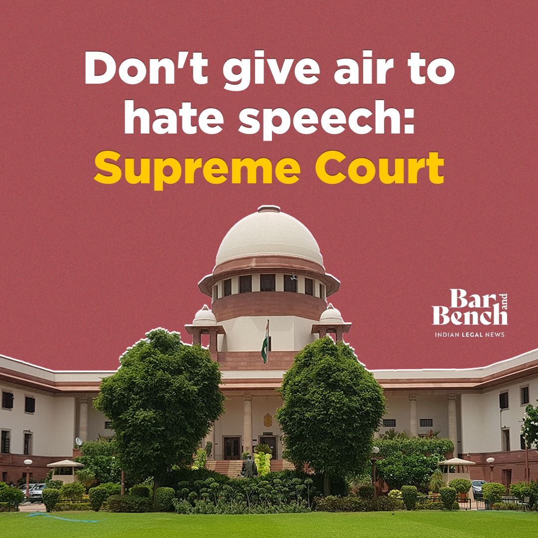 barandbench's tweet photo. Hate speech on TV channels not dealt with firmly: Supreme Court

Read story: https://t.co/tTp0Jvp6Yz https://t.co/fLjvtPYVe2