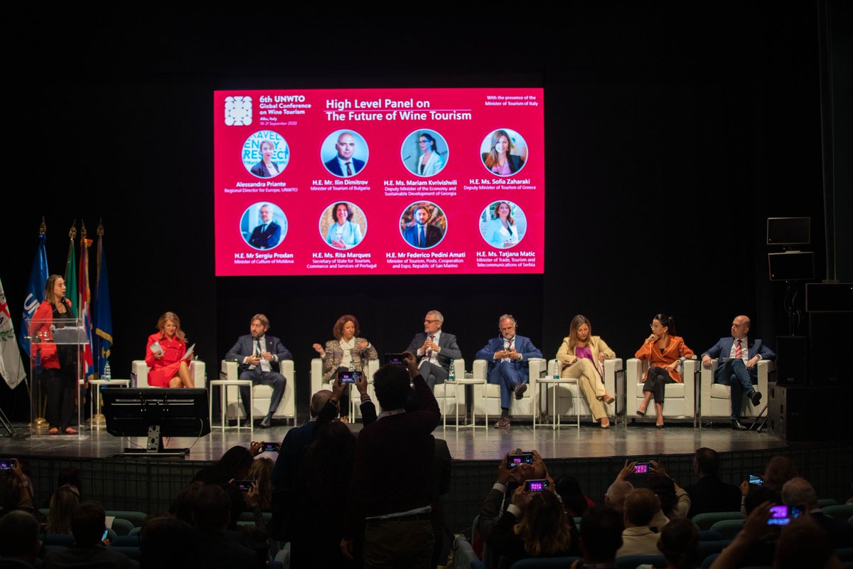 UNWTO's tweet photo. The 6 Global Conference on Wine Tourism opens the floor to thought-provoking discussions on the future of tourism.
Government officials gather to draw, coordinate and guide the way forward - a more sustainable, resilient and inclusive tourism. #GCWT
👀💻https://t.co/1ijGF1mzcc https://t.co/gmqwV9VWQM