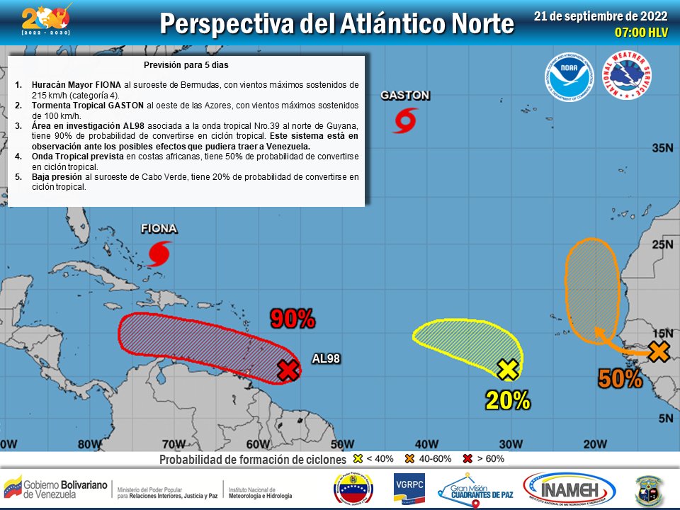 INAMEH's tweet photo. #21Sep #INAMEHInforma

Perspectiva del Atlántico Norte

Huracán Mayor FIONA al suroeste de Bermudas, con vientos máximos sostenidos de 215 km/h (categoría 4).

Tormenta Tropical GASTON al oeste de las Azores, con vientos máximos sostenidos de 100 km/h.

Continúa... https://t.co/vt8e8GRunZ