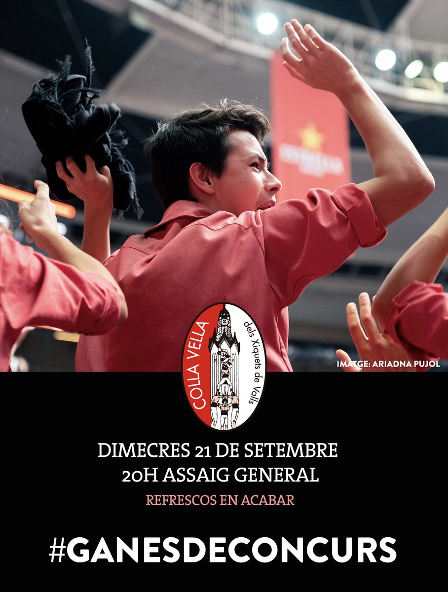 collavella's tweet photo. Castellers i castelleres, avui hi tornem; fem que el local estigui a rebentar! 

🕑 Avui, a les 20h, assaig general i en acabar, refrescos.

#GanesdeVibrar #CollaVella #Castellers #Castelleres #XiquetsdeValls #GanesdeConcurs https://t.co/C1luPcNrcm
