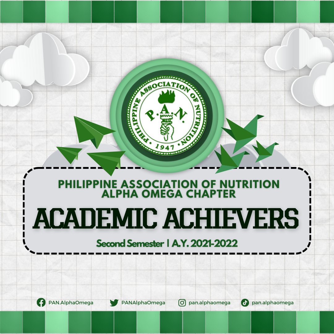 PANAlphaOmega's tweet photo. The Philippine Association of Nutrition Alpha Omega chapter is delighted to present to you the members who showed grit and excellence to triumph over the 2nd Semester AY 2021-2022. Your PAN-AO family is proud of you! 

#PANAcadAchievers
#AcademicExcellence
#PANAlphaOmega https://t.co/rOInPmRsNN
