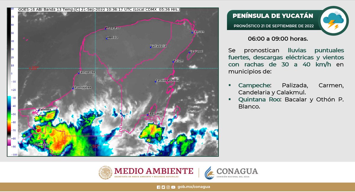 conagua_clima's tweet photo. En municipios de #Campeche y #QuintanaRoo, se pronostican #Lluvias puntuales fuertes. 

Entérate del #Pronóstico en el siguiente gráfico. 👇⛈️ https://t.co/vIk52mSXnk