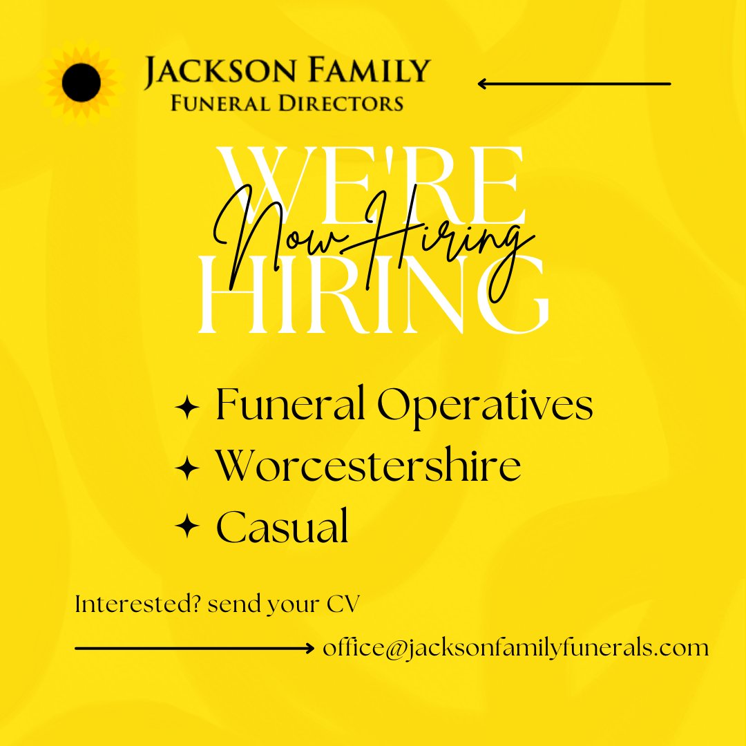 JacksonFunerals's tweet photo. #JobOpportunities π»
We're looking for Casual #FuneralOperatives to join our expanding team. The successful candidates will join our funeral bearer team, which will include carrying the coffin & driving our hearse or limousine.
Applications to: office@jacksonfamilyfunerals.com https://t.co/WYIGGOomRG