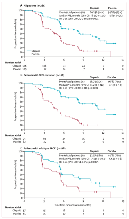 onc_ce's tweet photo. 26c) #Study19 efficacy data
#Olaparib vs placebo
📍mPFS: 8.4 vs 4.8 mos
📍HR 0.35; 95% CI 0.25–0.49; P<0.0001

➕BRCA mutation
📍mPFS: 11.2 vs 4.3 mos
📍HR 0.18; 95% CI 0.10–0.31; P<0.0001

➖BRCA mutation
📍mPFS: 7.4 vs 5.5 mos
📍HR 0.54; 95% CI 0.34–0.85; P=0.0075 https://t.co/tn5i41riSi