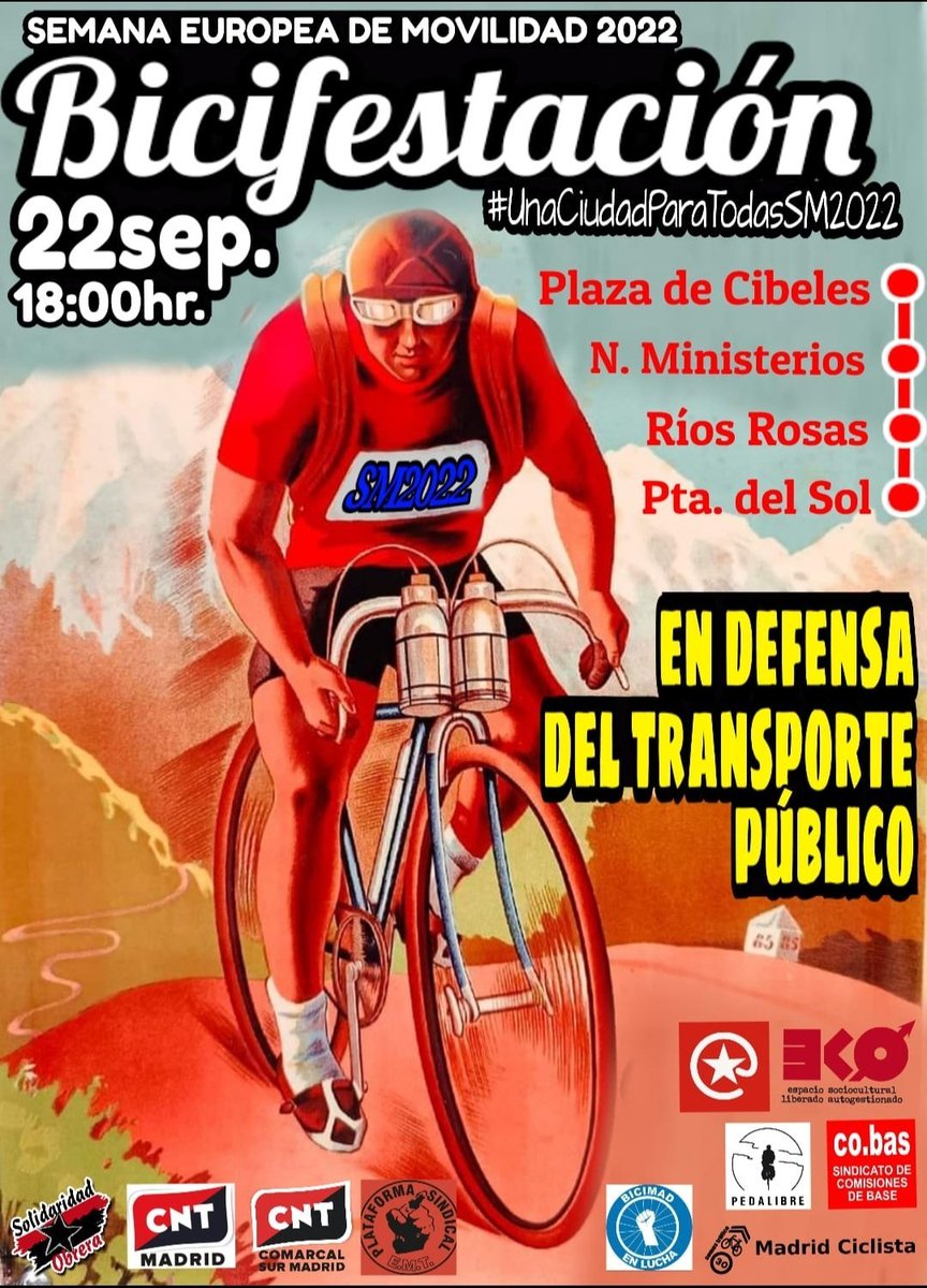 ‼️ Mañana jueves 22S vamos a manifestarnos en bici en defensa del transporte público.

Semana Europea de la Movilidad 2022.

🗓 22/09/2022
🕕 18:00h
📍Plaza de Cibeles

#UnaCiudadParaTodasSM2022
#Bicifestación