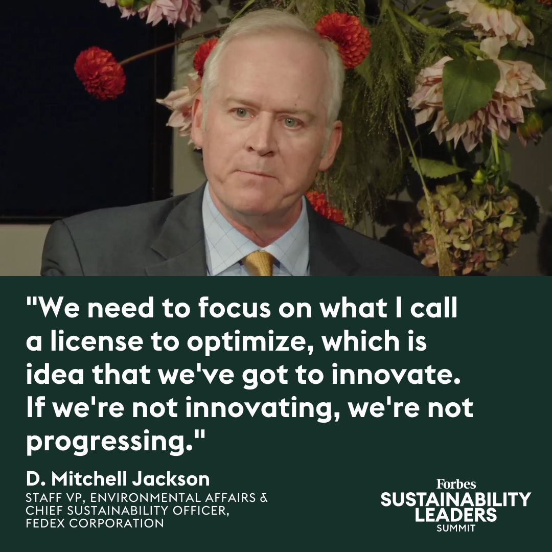 Forbes's tweet photo. FedEx's D. Mitchell Jackson spoke about the importance of having a "license to optimize," which fall under the responsibility to innovate. #ForbesSustainability https://t.co/J9qOLJ3UgA