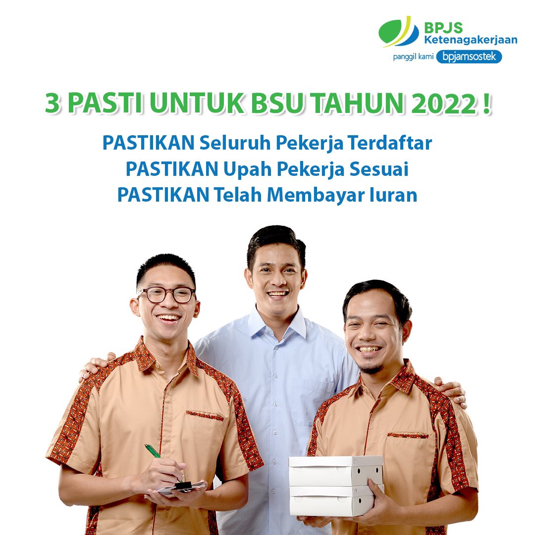 BPJSTKinfo's tweet photo. Bagi pemberi kerja atau badan usaha, ingat selalu 3 PASTI demi kelancaran administrasi penyaluran BSU Tahun 2022!

Kunjungi https://t.co/ZBctq1r81e untuk informasi lebih lanjut. https://t.co/7Ss8KzcdOh