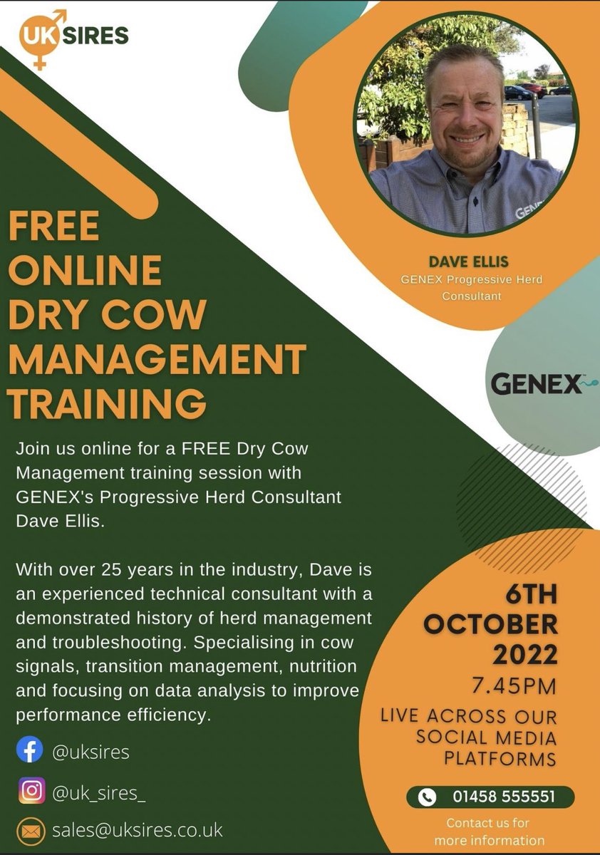 uk_sires's tweet photo. 🎥FREE ONLINE TRAINNING!

We are excited to invite you all to our first ever live online training session with Genex's Progressive Herd Consultant Dave Ellis.

Join us on the 6th of October at 7.45pm where Dave will dive into Dry Cow Management. 

GENEX Dairy 
#dairyfarming https://t.co/4QyhvCxUpJ