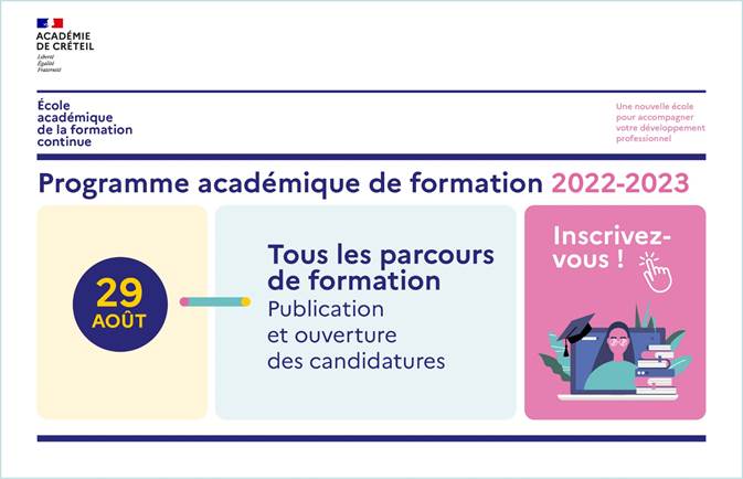 AcCreteil's tweet photo. 📝 #EAFC | Rappel, la campagne d'inscription individuelle aux parcours de formation du programme académique de formation se termine le 2 octobre. Ouverte à tous les personnels de l'académie de Créteil rendez-vous sur 👉 https://t.co/ASyJbproNH https://t.co/gyPCfg3jxV