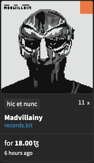 Madvillainy sold for 18tz from <a href="/bosborot/">Bosborot</a> to <a href="/vic_abbate/">Abbate $DOG</a> 
#madvillainy #recordsbit #MFDOOM #tezos