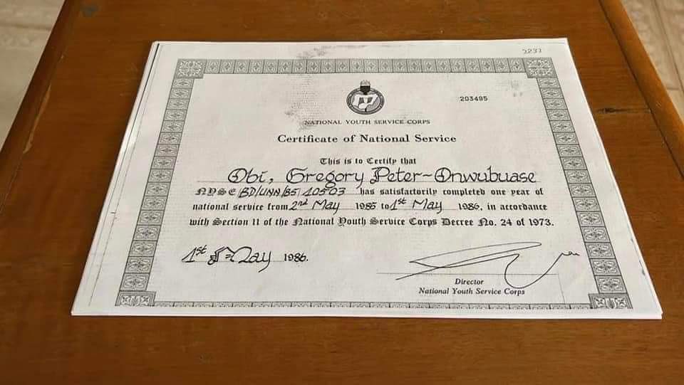 von_Bismack's tweet photo. Peter Obi’s NYSC Certificate. None is missing. https://t.co/LMthDfPIOq