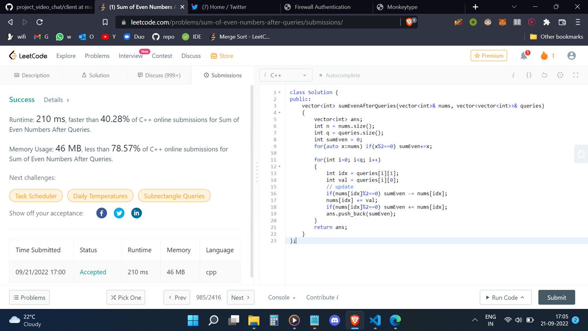 SumrenderS's tweet photo. Day 83 of 100 Days of Code
@CodeinCommunity @MinutesCoding
Q. Even Sum After Queries
Code: https://t.co/oA5xeK6Kh1
Discord community: https://t.co/MMcOpdDSba
#100daysofcodechallenge #codeincommunity #codein100daysofcode #s100daysofcode #coding https://t.co/PJWKV4R9a3