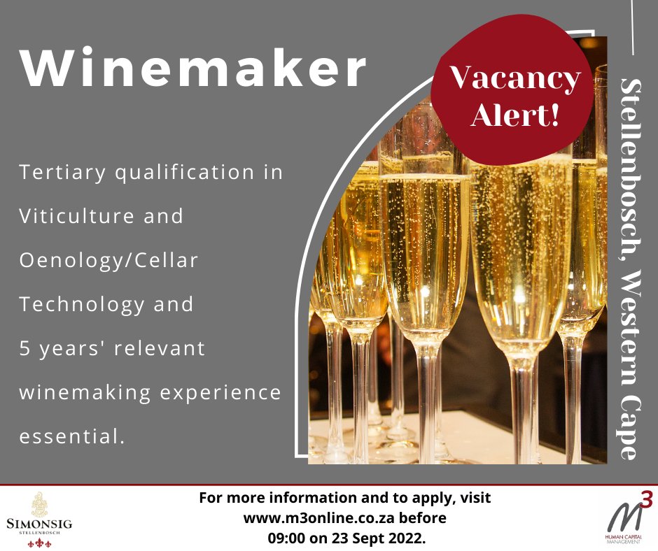 WineLand Media (@winelandsa) on Twitter photo VACANCY | Simonsig is looking for a new winemaker. Apply online before 09:00 am on 23 September 2022. For more info and to apply online, go to bit.ly/3xrAOsG
<a href="/SimonsigWines/">Simonsig Wine Estate</a> #jobs #winejobs #vacancies #winemaker VACANCY | Simonsig is looking for a new winemaker. Apply online before 09:00 am on 23 September 2022. For more info and to apply online, go to bit.ly/3xrAOsG
<a href="/SimonsigWines/">Simonsig Wine Estate</a> #jobs #winejobs #vacancies #winemaker