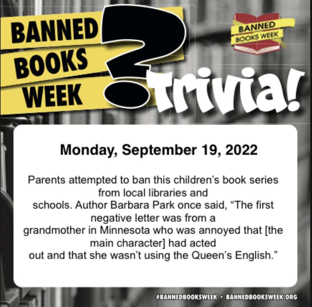 pmslibraryeptx's tweet photo. We have officially kicked off #BannedBooksWeek with our daily Teacher Trivia! Congratulations to Ms. Torres for correctly guessing Junie B. Jones. Stay tuned for more trivia! @reynahustles @YISDLibServices @catherinedoc12 @JMacias_CI @karroyos_MS https://t.co/cWrKAob2Rf
