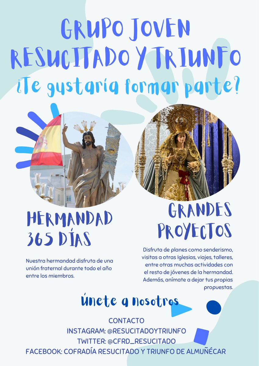 Cfrd_Resucitado's tweet image. 💙🤍JUVENTUD🤍💙

Los jóvenes son el mayor patrimonio de una hermandad, cuidemos de ellos como se merecen.

Si deseas formar parte de nuestro grupo joven ponte en contacto con nosotros, te esperamos con los brazos abiertos.