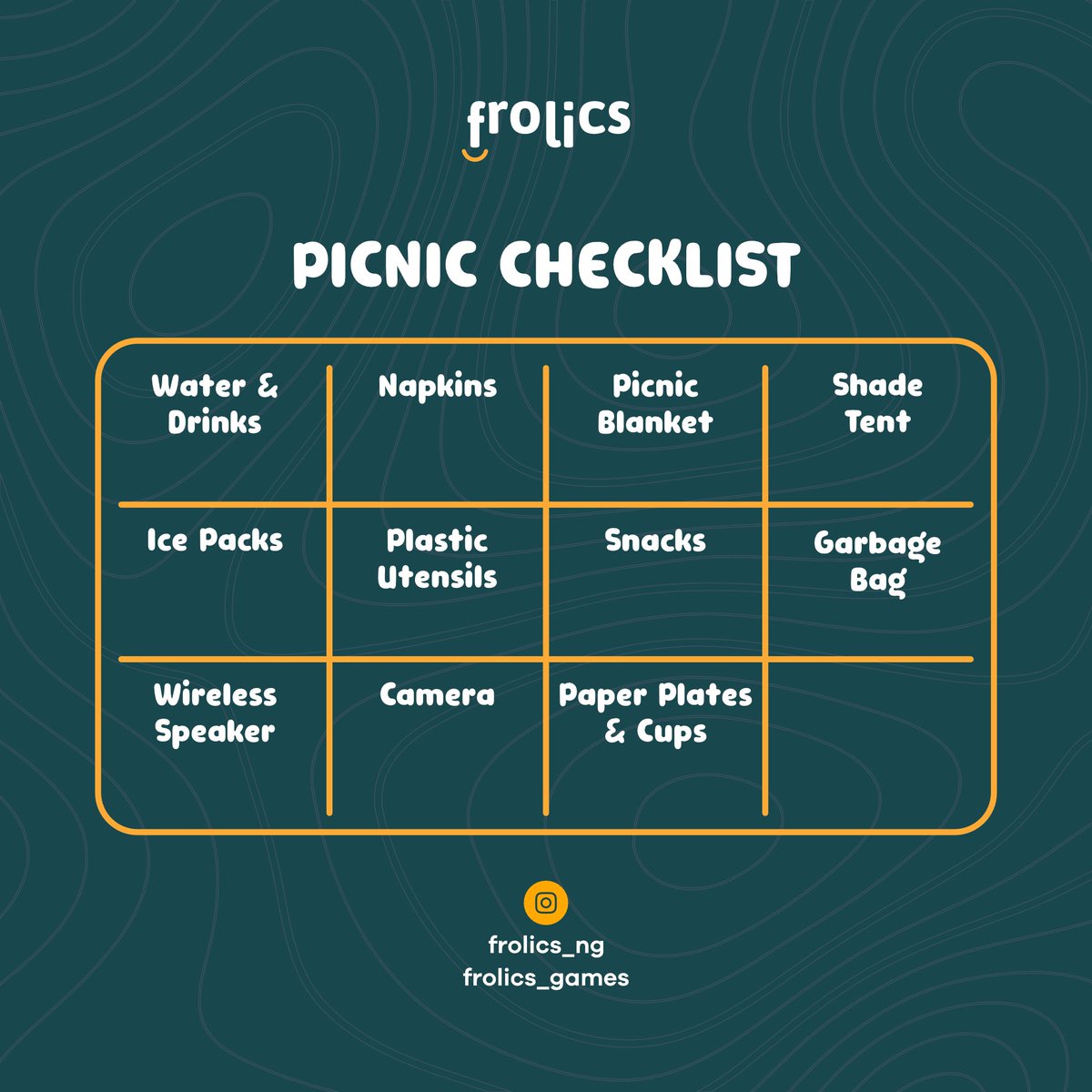 frolics_ng's tweet photo. Have everything packed for your picnic?

  We know how hard it is to keep in mind all the items you need for this occasion 
       Here's a checklist to ensure you don't forget anything.
         
     Do add items you'd like to😁 https://t.co/UsG8WWiILU