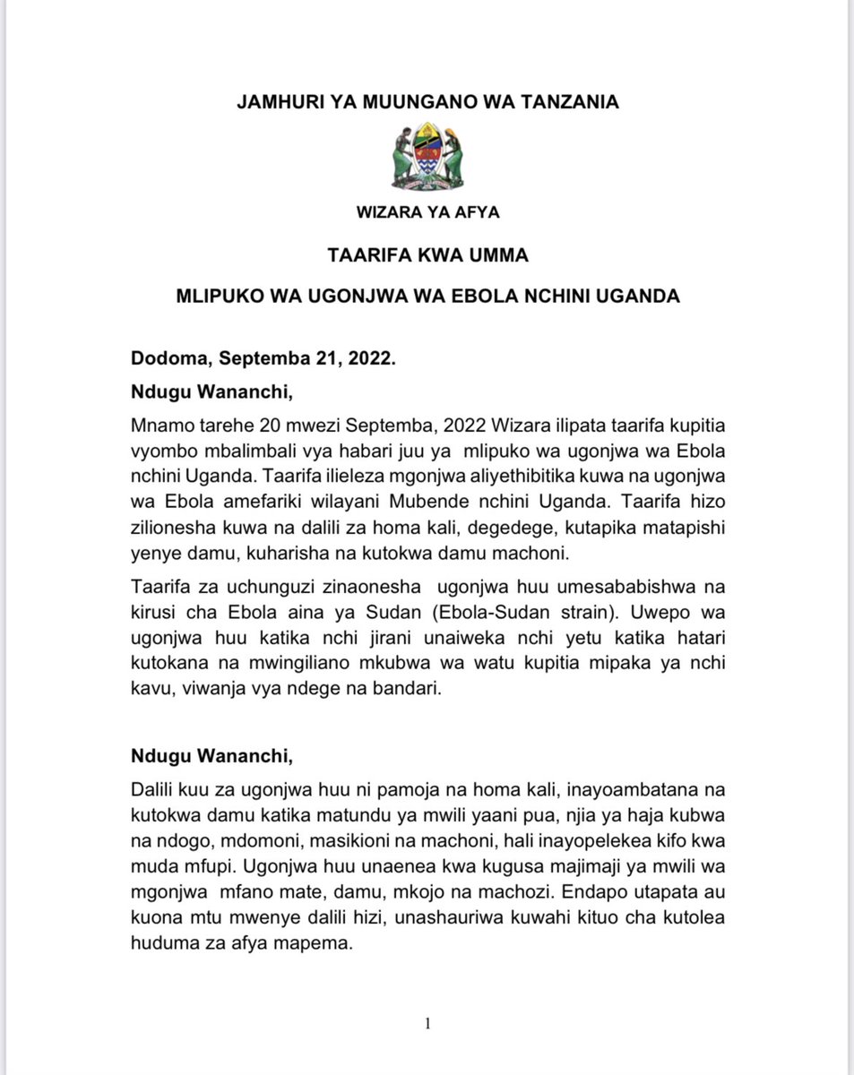 wizara_afyatz's tweet photo. TAARIFA KWA UMMA KUHUSU
MLIPUKO WA UGONJWA WA EBOLA NCHINI UGANDA 🇺🇬 https://t.co/e7whj8VJfV
