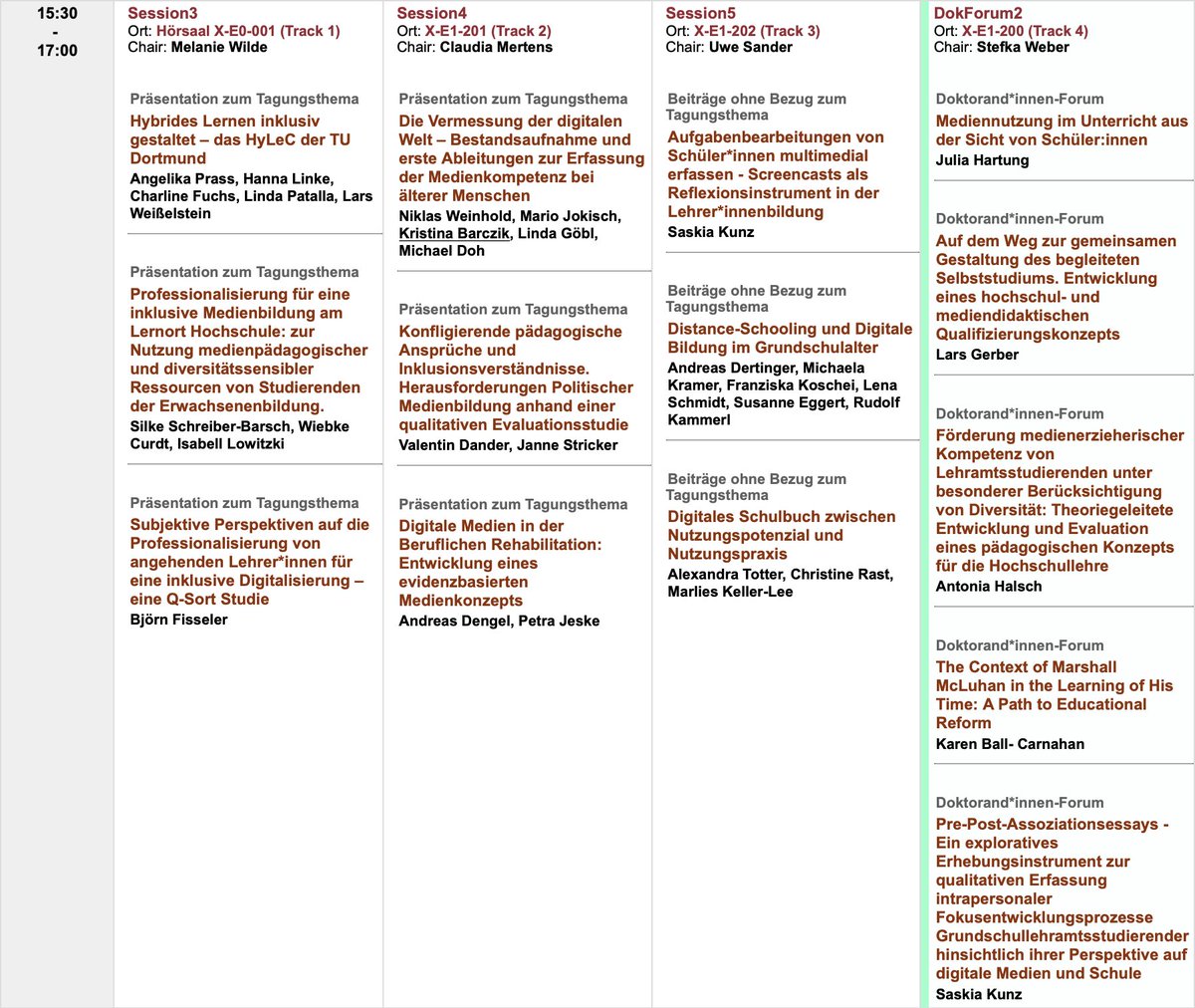 Ab 15:30 Uhr starten wir in die zweite Runde: Session 3, 4 und 5 sowie der zweite Block des Doktorand*innen-Forums. #mpaed2022