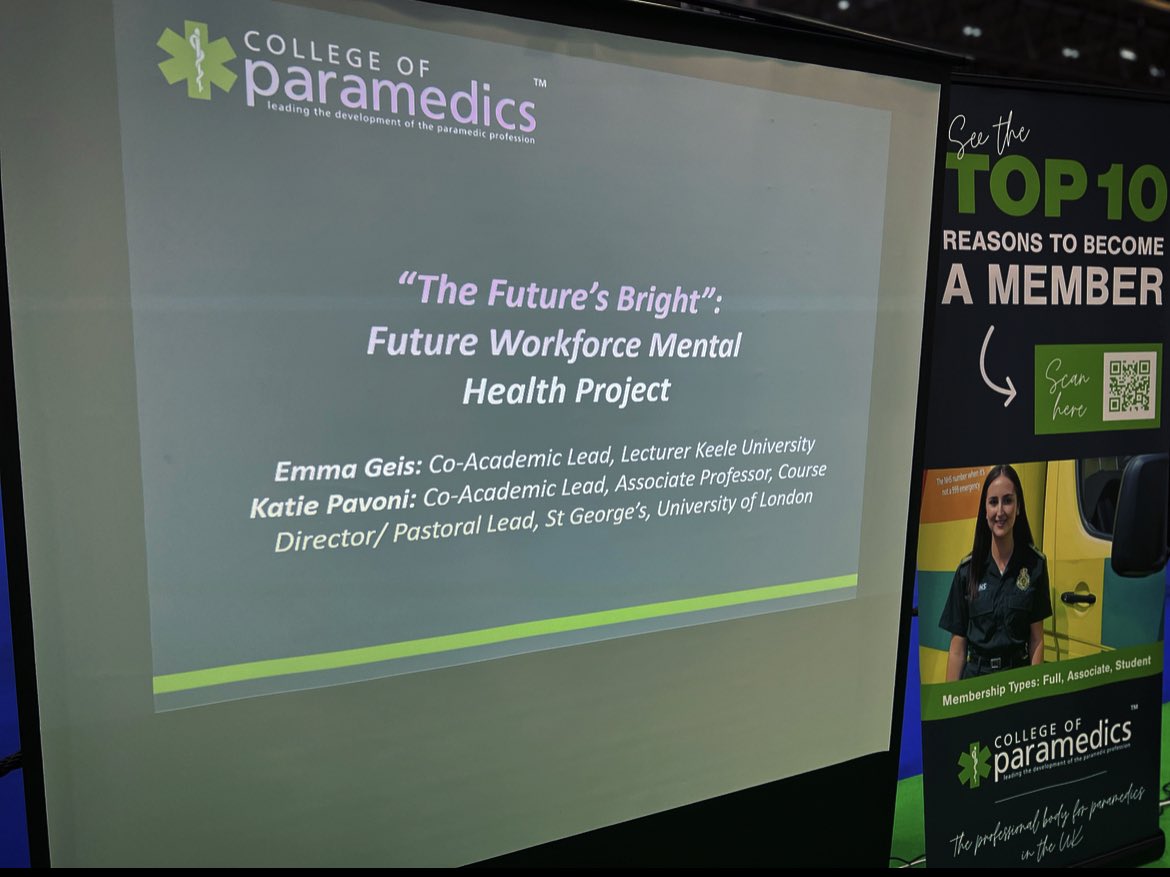 Proud to be presenting our work on student paramedic mental health & wellbeing at the Emergency Services Show on behalf of @ParamedicsUK  #emergencyservicesshow thanks @para_stu for the shot 😂 📸! @EmmaGeis2 @StGeorgesUni #FWMHP