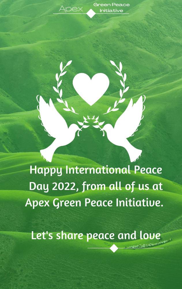 PeaceApex's tweet photo. Happy International Peace Day 2022, from all of us at Apex Green Peace Initiative. 

Let's share peace and love
#PeaceDay2022 https://t.co/l3eW1p4LiF