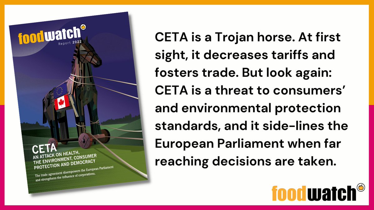 foodwatch_int's tweet photo. A new foodwatch report sheds light on the major threats the #CETA agreement between the EU and Canada poses for health, the environment, consumer protection and democracy in the EU. Fulll report here: https://t.co/vNQtbCV1VH https://t.co/ZmqsC9bZR6