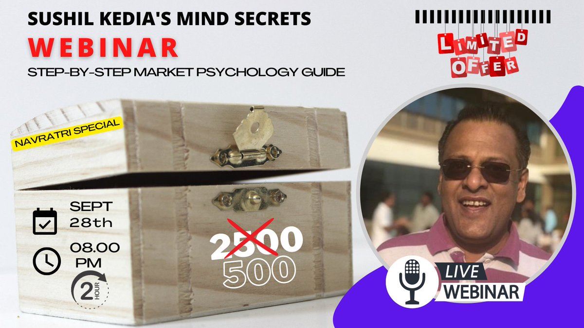 kedianomics's tweet photo. #NavratriSpecial Learn from @sushilkedia his #MindSecrets: A Step by Step Market Psychology DIY Guide! A 2 hour live webinar!
Fee: 2500+GST but Discounted Fee: 500+GST for limited time. Register here: https://t.co/pBrGUX5t6G https://t.co/A4pxqsf4Lh
