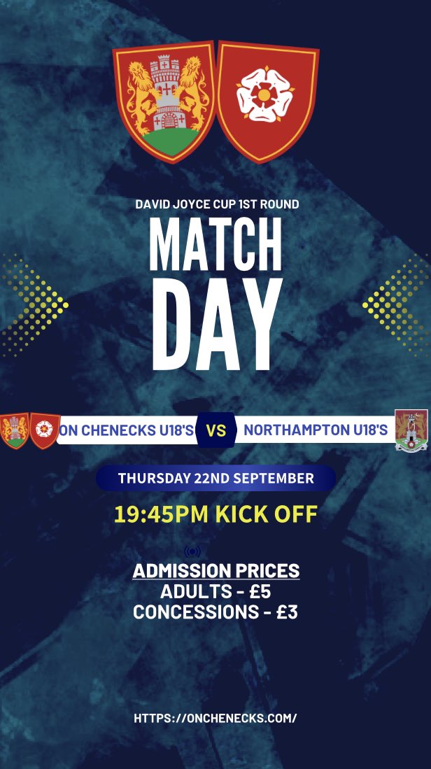 ONChenecksFC1's tweet photo. ❗️TOMORROW NIGHT❗️
Old Northamptonians Sports Ground
Billing Road
Northampton
NN1 5RX
Adults: £5
Concessions: £3 https://t.co/X5v2KJ9sZP