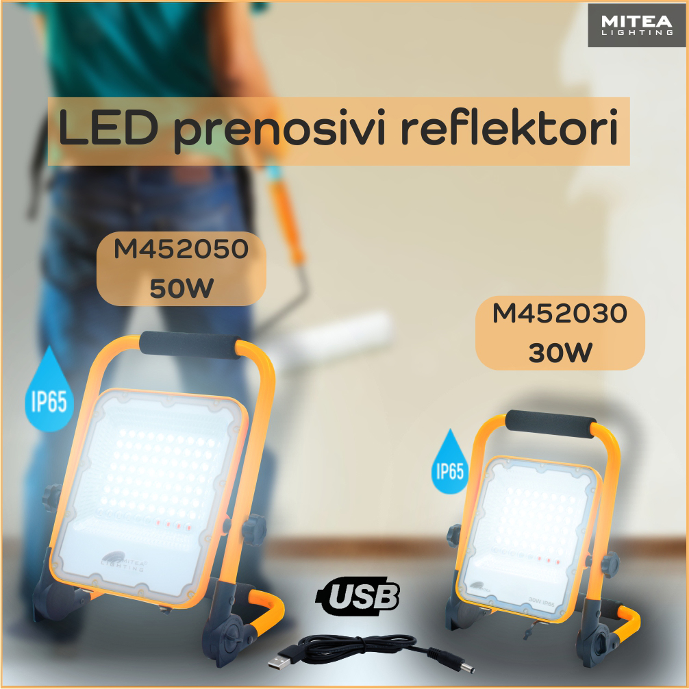 MiteaLighting's tweet photo. LED prenosivi reflektori M452030 i M452050 su pogodni kao alternativni izvor svetlosti gde napajanje putem mreže nije dostupno. Reflektori imaju 3 opcije jačine svetlosti. Vodootporani sa IP65 zaštitom, pogodni su za korišćenje i u spoljnim uslovima. https://t.co/SxN5jbzWi9