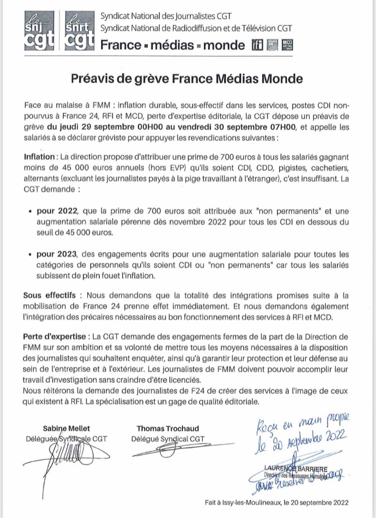Tout est loin d’être rentré dans l’ordre à France 24. Suite à notre mouvement spontané et hors syndicats de l’automne dernier, c’est cette fois la CGT qui appelle à une journée de grève jeudi 29 septembre. Les détails ici 👇🏼