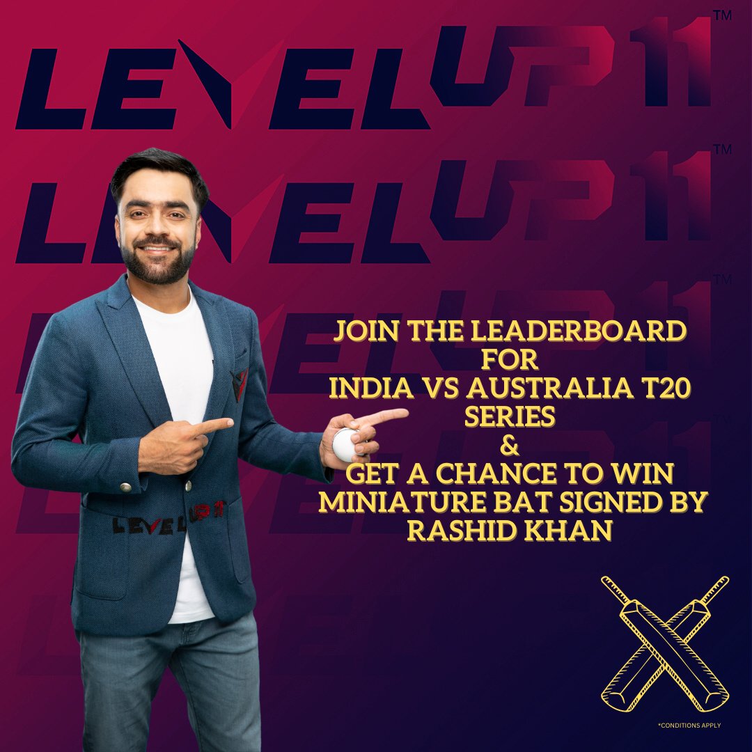 Levelup_11's tweet photo. Join the leaderboard for India Vs Australia T20 Series and get a chance to win a Miniature Bat signed by @rashidkhan_19 and #levelup11 T-shirts. Hurry Up, join the contest and make your team win only on https://t.co/yZUOLJ38qP
#FantasyCricket #IndiavsAustralia #rashidkhan19 https://t.co/tSTGdlccMU