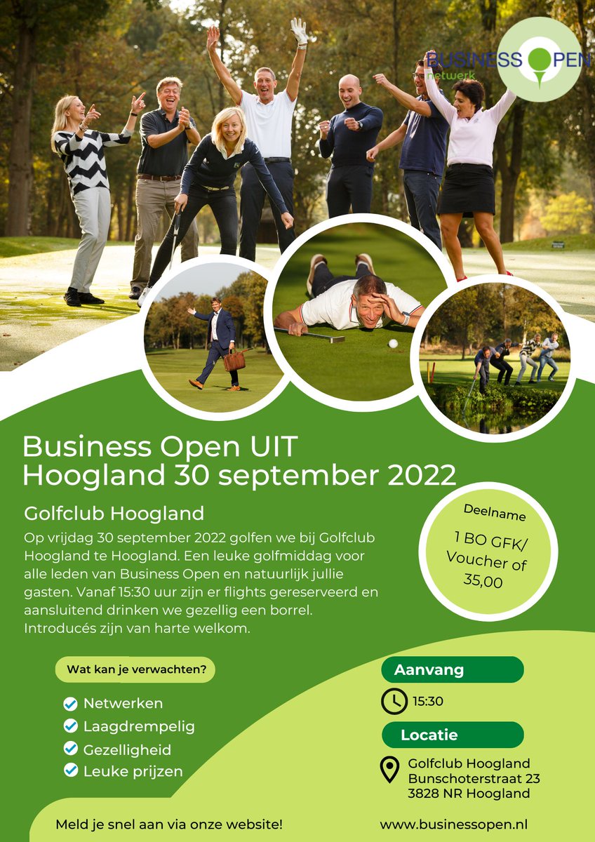 Zin om te golfen? Kom gezellig langs bij het Business Open UIT Event bij golfclub Hoogland Amersfoort op 30 september 2022. Deelnemers zijn vanaf 15:30 welkom. 

Aanmelden: businessopen.nl/special-events…

#netwerken #golfen #event #Socialisen #borrel #Amersfoort #business