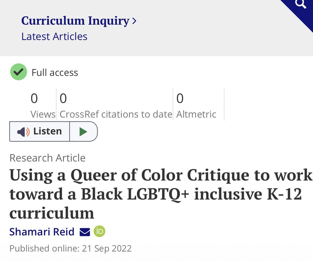 Hot off the press: Using a Queer of Color Critique to work toward a Black LGBTQ+ inclusive K-12 curriculum. This article and I have been on a journey! I’m excited it’s finally out in the world. Happy Reading 😍. Link: tandfonline.com/doi/full/10.10…