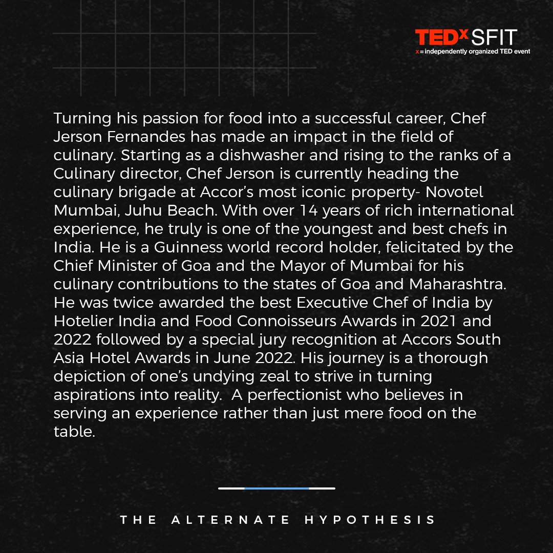 TEDxSFIT is pleased to present our 4th speaker

✨Mr. Jerson Fernandes✨

Join us as we understand more about what happens behind the scenes after becoming a chef and the expectations that come our way.

#TEDx #TEDxSFIT #TEDxTalks