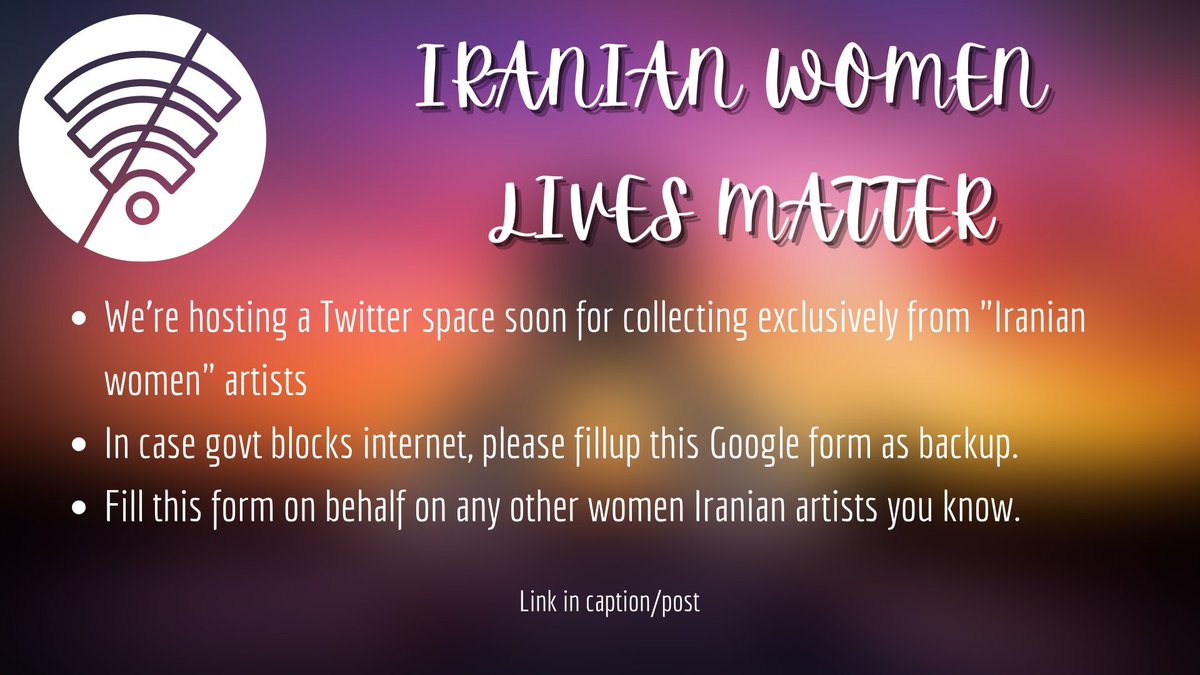 Divit (@0xdivit) on Twitter photo * We're planning to collect from Iranian Women Artists exclusively on this Friday.
* We learned about a possible internet outage in Iran
Link to Form: forms.gle/D6tMUGxk8QwDkL…
Team: <a href="/LeslieASpurlock/">lesliespurlock.sol | NFT.NYC 2024 🏴☠️</a> <a href="/MegaNFTMind/">MegaNFTMind.ΞTH</a> <a href="/TheNFTwazir/">TheNFTwazir</a> <a href="/Leader_Kaustav/">leaderKaustav.eth \z/</a> <a href="/Fikkaio/">Fikka.io -✨Be One-MINTING NOW on TEZOS (objkt)</a> <a href="/ClubRebelNFTs/">The Rebel Club</a> <a href="/TheClubMega/">Club Mega | NO HOPE - SOLD OUT |</a> * We're planning to collect from Iranian Women Artists exclusively on this Friday.
* We learned about a possible internet outage in Iran
Link to Form: forms.gle/D6tMUGxk8QwDkL…
Team: <a href="/LeslieASpurlock/">lesliespurlock.sol | NFT.NYC 2024 🏴☠️</a> <a href="/MegaNFTMind/">MegaNFTMind.ΞTH</a> <a href="/TheNFTwazir/">TheNFTwazir</a> <a href="/Leader_Kaustav/">leaderKaustav.eth \z/</a> <a href="/Fikkaio/">Fikka.io -✨Be One-MINTING NOW on TEZOS (objkt)</a> <a href="/ClubRebelNFTs/">The Rebel Club</a> <a href="/TheClubMega/">Club Mega | NO HOPE - SOLD OUT |</a>